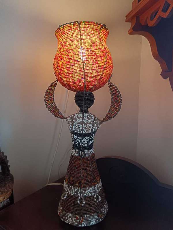 Beaded Table Lamp of a Woman with a Pot on her Head & Baby on her Back