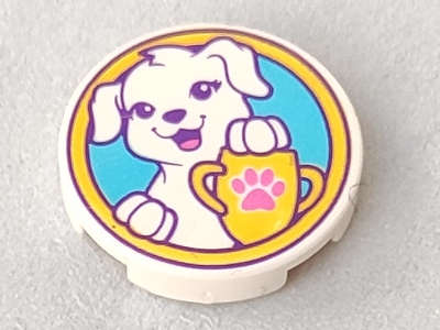 Lego (N) ~ Tile Round 2 x 2 with Bottom Stud Holder with Puppy Dog Yellow Trophy with Dark ~ [White]
