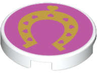 Lego (N) ~ Tile Round 2 x 2 with Bottom Stud Holder with Gold Horseshoe with Hearts on Dar ~ [White]