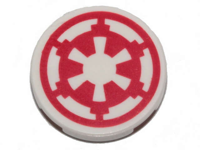 Lego (N) ~ Tile Round 2 x 2 with Bottom Stud Holder with Red SW Imperial Logo Pattern ~ [White]