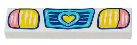 Lego (N) ~ Tile 1 x 4 with Medium Azure Vehicle Grille with Heart Coral and Yellow Headlig ~ [White]