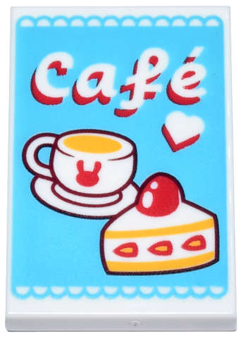 Lego (N) ~ Tile 2 x 3 with Medium Azure Sign with Red White and Yellow Coffee Cup Cake Hea ~ [White]