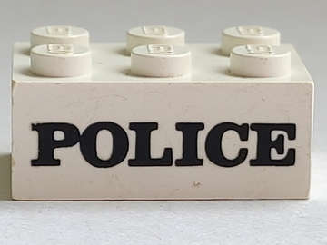 Lego (U) ~ Brick 2 x 3 with Black 'POLICE' Serif Bold Pattern (Embossed) ~ [White]