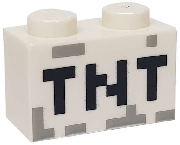 Lego (N) ~ Brick 1 x 2 with Black 'TNT' Pixelated Pattern ~ [White]