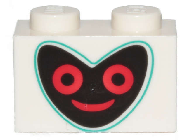 Lego (N) ~ Brick 1 x 2 with Black Heart Shape Face with Dark Turquoise Outline and Red Eye ~ [White]