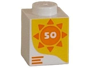 Lego (N) ~ Brick 1 x 1 with Number 50 in Orange Sun on Yellow Background Pattern ~ [White]