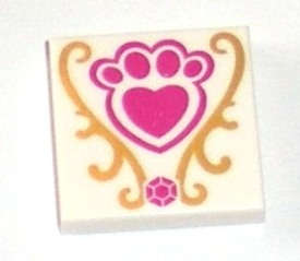 Lego (N) ~ Tile 2 x 2 with Magenta Jewel and Paw Print with Heart and Gold Decorations Pat ~ [White]