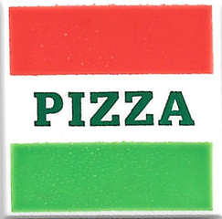 Lego (N) ~ Tile 2 x 2 with Red and Green Stripes and Dark Green 'PIZZA' Pattern (Pizza Box ~ [White]