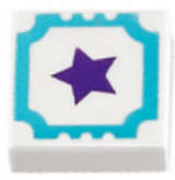 Lego (U) ~ Tile 1 x 1 with Medium Azure Outline and Dark Purple Star Pattern ~ [White]