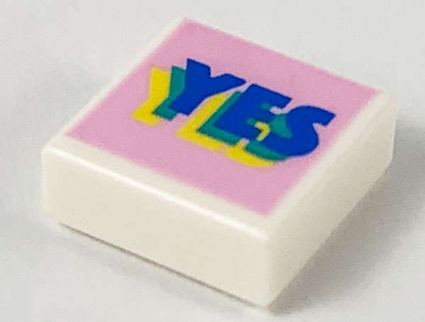 Lego (N) ~ Tile 1 x 1 with Blue Green and Yellow Layered 'YES' on Bright Pink Background P ~ [White]