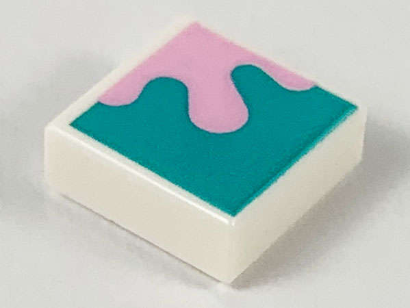 Lego (N) ~ Tile 1 x 1 with Bright Pink Splotch on Dark Turquoise Background Pattern ~ [White]