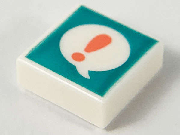 Lego (N) ~ Tile 1 x 1 with Coral Exclamation Mark in Speech Bubble on Dark Turquoise Backg ~ [White]