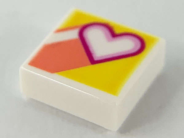 Lego (N) ~ Tile 1 x 1 with Heart and Coral Stripes on Yellow Background Pattern ~ [White]