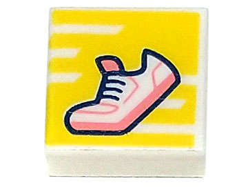 Lego (N) ~ Tile 1 x 1 with Shoe with Coral Sole and Tongue on Yellow Background with Strip ~ [White]
