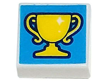 Lego (N) ~ Tile 1 x 1 with Yellow Trophy on Dark Azure Background Pattern ~ [White]