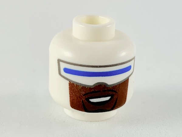 Lego (N) ~ Minifigure Head Wide Blue Visor Reddish Brown Lower Face with Black Goatee Patt ~ [White]