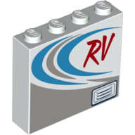 Lego (N) ~ Brick 1 x 4 x 3 with Red 'RV' Dark Azure and Dark Bluish Gray Curved Stripes Pa ~ [White]