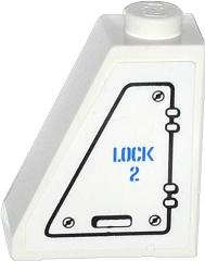 Lego (U) ~ Slope 65 2 x 1 x 2 with Hatch and 'LOCK 2' Pattern Model Left Side (Sticker) - ~ [White]