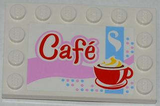 Lego (U) ~ Tile Modified 4 x 6 with Studs on Edges with 'Café' (Cafe) and Red Cup and Sau ~ [White]