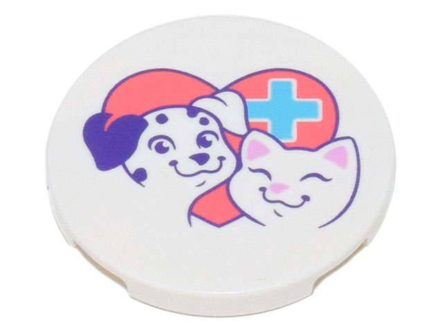 Lego (N) ~ Tile Round 3 x 3 with Coral Heart with Medium Azure Cross Smiling Dog and Cat P ~ [White]