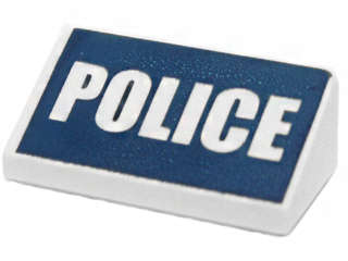 Lego (U) ~ Slope 30 1 x 2 x 2/3 with White 'POLICE' on Dark Blue Background Pattern ~ [White]