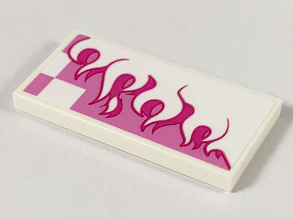 Lego (U) ~ Tile 2 x 4 with White and Magenta Flames over Dark Pink Checkered Background P ~ [White]