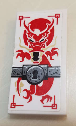 Lego (U) ~ Tile 2 x 4 with Red Dragon Keyhole on Silver Bar Pattern (Sticker) - Set 70591 ~ [White]