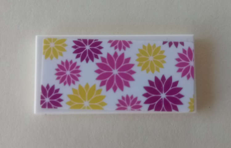 Lego (U) ~ Tile 2 x 4 with Yellow Dark Pink and Magenta Floral Pattern (Sticker) - Set 41 ~ [White]
