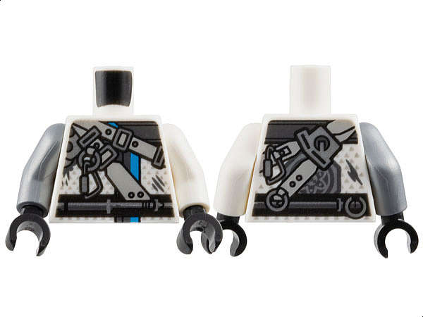 Lego (N) ~ Torso Ninjago Belts and Carabiner on Ring Pattern / White Arm Left / Flat Silve ~ [White]