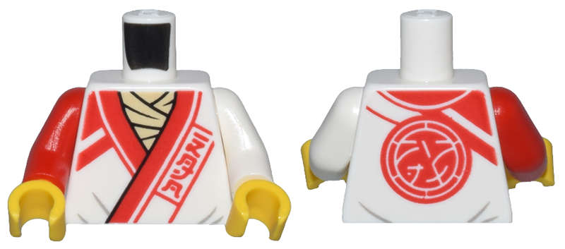 Lego (N) ~ Torso Robe with Red Trim Lines and Ninjago Logogram 'DOJO' over Tan Shirt Core  ~ [White]