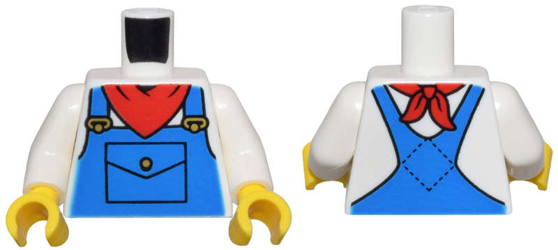Lego (N) ~ Torso Blue Overalls Pocket Gold Buckles and Red Bandana Pattern / White Arms /  ~ [White]