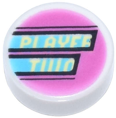 Lego (N) ~ Tile Round 1 x 1 with Bright Light Yellow 'PLAYER TWO' and Medium Azure Stripes ~ [White]