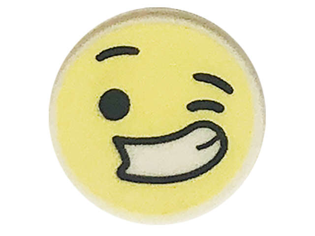 Lego (N) ~ Tile Round 1 x 1 with Emoji Bright Light Yellow Winking Face Large Smile with T ~ [White]