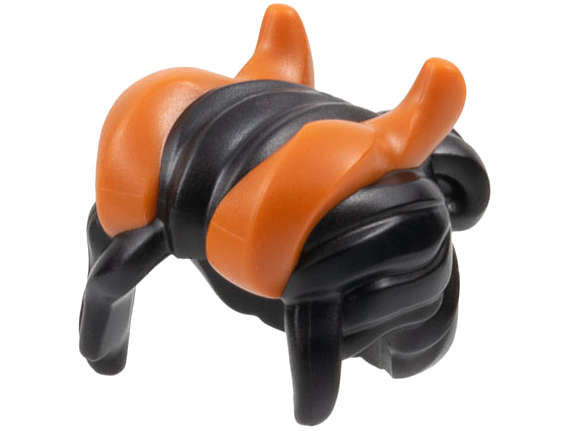 Lego (N) ~ Minifigure Hair with Side Bangs and Bun with Molded Dark Orange Horns Pattern ~ [Black]