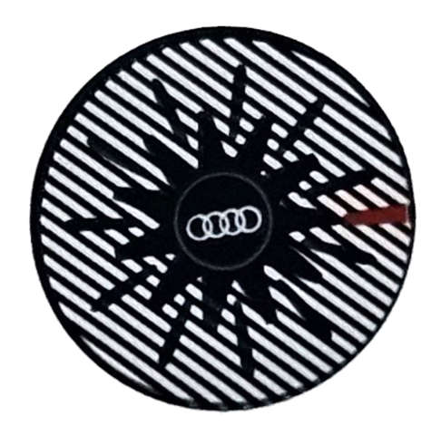 Lego (N) ~ Tile Round 2 x 2 with Bottom Stud Holder with White Audi Logo Silver Stripes an ~ [Black]