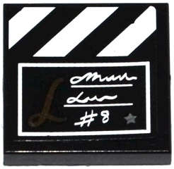 Lego (U) ~ Tile 2 x 2 with Film Slate with White Script Writing '#8' and Stripes Pattern  ~ [Black]