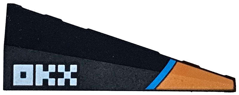Lego (N) ~ Wedge 5 x 2 Left with Orange Panel Dark Azure Stripe White Pixelated 'OKX' Patt ~ [Black]