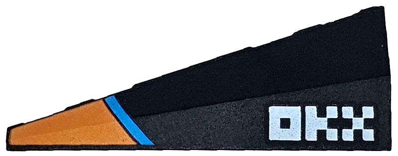 Lego (N) ~ Wedge 5 x 2 Right with Orange Panel Dark Azure Stripe White Pixelated 'OKX' Pat ~ [Black]