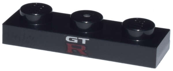 Lego (N) ~ Plate 1 x 3 with White 'GT' and Red Capital Letter R Pattern ~ [Black]