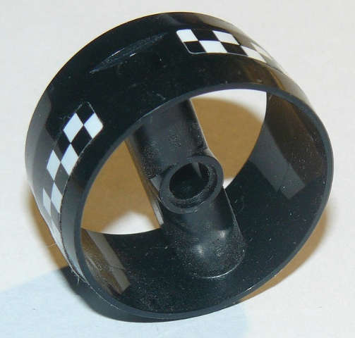 Lego (U) ~ Cylinder 4 x 4 x 1 2/3 with Pin Holes and Center Bar with Checkered Pattern on ~ [Black]