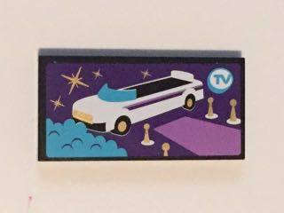 Lego (U) ~ Tile 2 x 4 with White Convertible Car and Blue 'TV' Pattern (Sticker) - Set 41 ~ [Black]