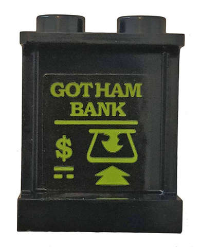 Lego (U) ~ Panel 1 x 2 x 2 with Side Supports - Hollow Studs with ATM and 'GOTHAM BANK' o ~ [Black]