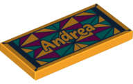 Lego (N) ~ Tile 2 x 4 with 'Andrea' and Beach Towel Pattern ~ [Bright Light Orange]