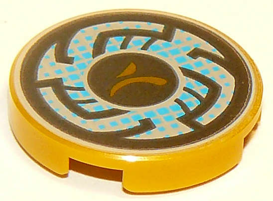 Lego (U) ~ Tile Round 2 x 2 with Bottom Stud Holder with Rune Designs and Blue Pixel ~ [Pearl Gold]