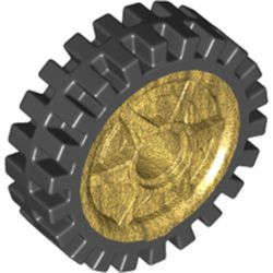 Lego (N) ~ Wheel 24 x 7 with Shallow Spokes with Fixed Black Rubber Tire ~ [Pearl Gold]
