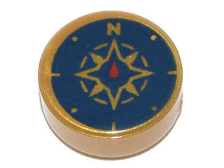 Lego (N) ~ Tile Round 1 x 1 with Dark Blue Compass Rose and Red Needle Pattern ~ [Pearl Gold]