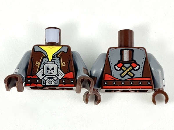Lego (N) ~ Torso Vest Dark Bluish Gray Shirt Silver Minifigure Skull Pattern / Dark B ~ [Dark Brown]