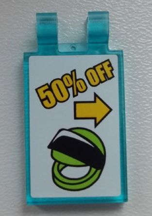 Lego (U) ~ Tile Modified 2 x 3 with 2 Clips with Helmet and Arrow '50% OFF' Pa ~ [Trans-Light Blue]