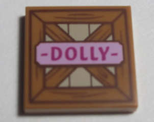Lego (N) ~ Tile 2 x 2 with Wooden Fence and Bright Pink Name Tag with Magenta 'DOL ~ [Medium Nougat]