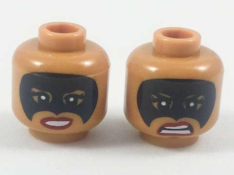 Lego (N) ~ Minifigure Head Dual Sided Female Black Eye Mask Red Lips Smile / Scowl ~ [Medium Nougat]